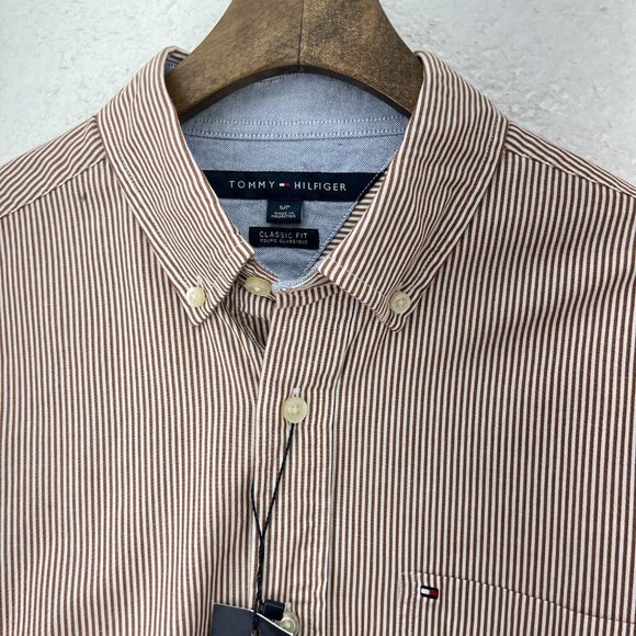 TOMMY HILFIGER Classic Fit Striped Brown Shirt Size S NWT - Picture 5 of 6